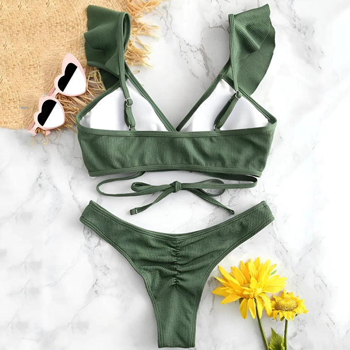 Strój kąpielowy dwuczęściowy bikini z wiązaniami i falbanką